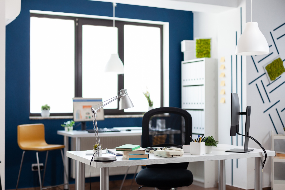 Home office design with blue elements